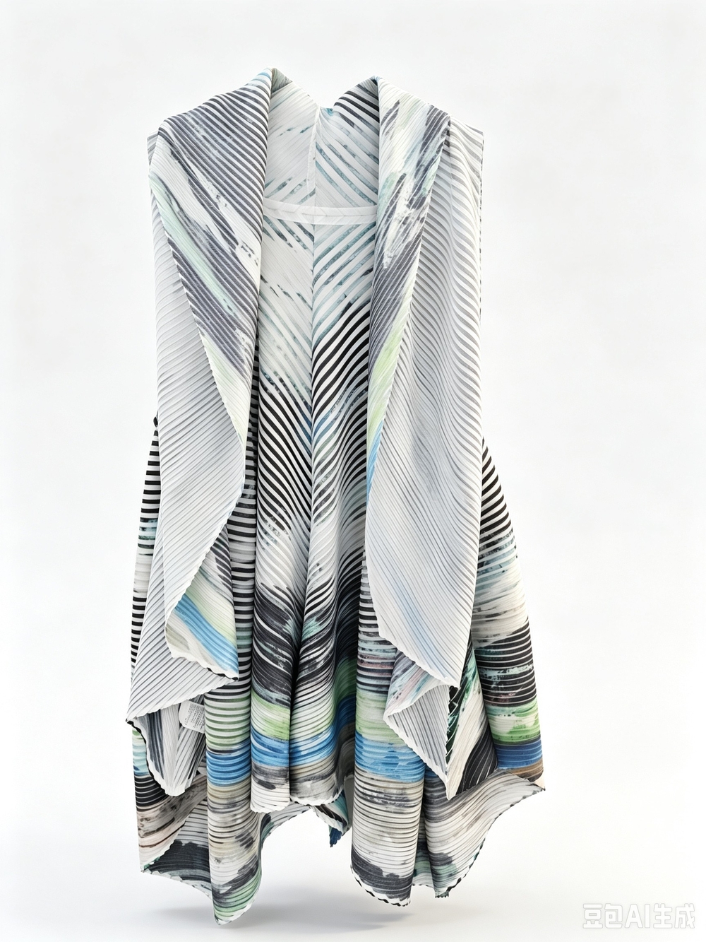 Issey Miyake Pleated Sleeveless Watercolor Stripe Open Vest